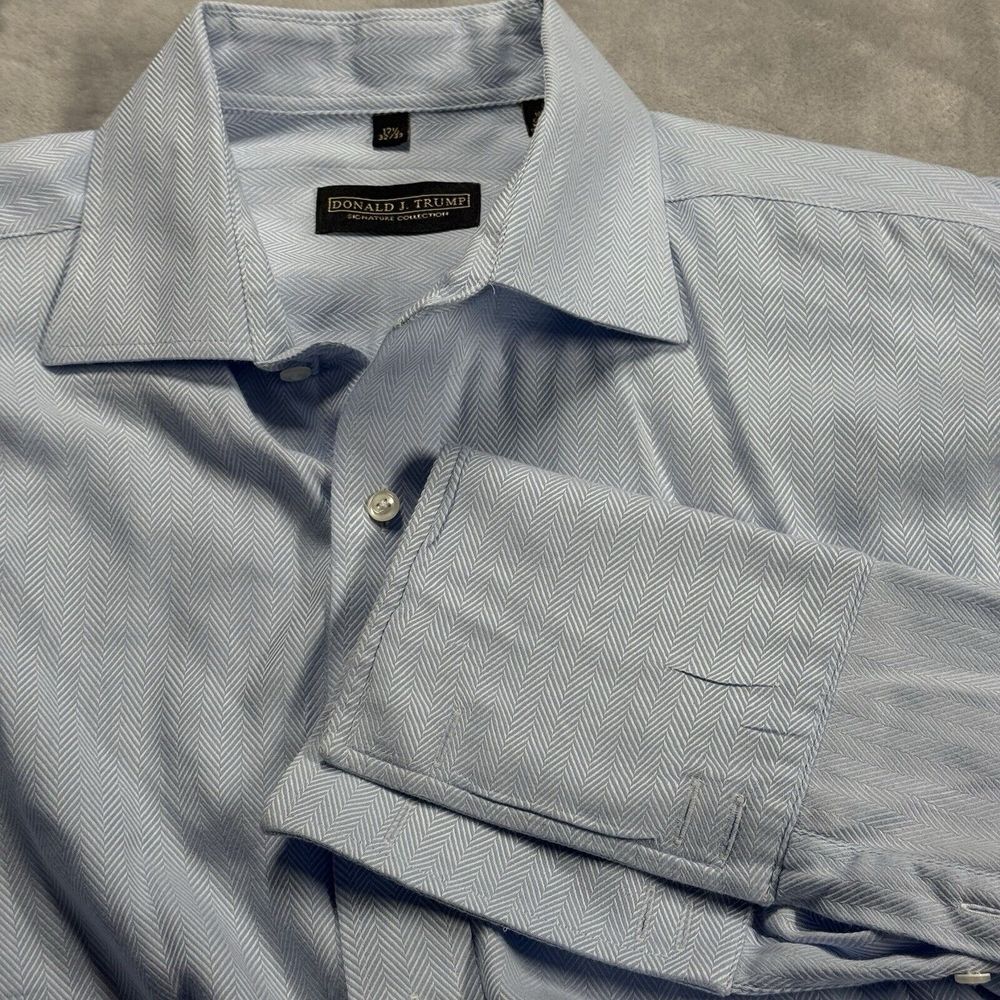 Donald J. Trump Men's Herringbone Blue Long Sleeve Button Up Shirt Size 17 ½